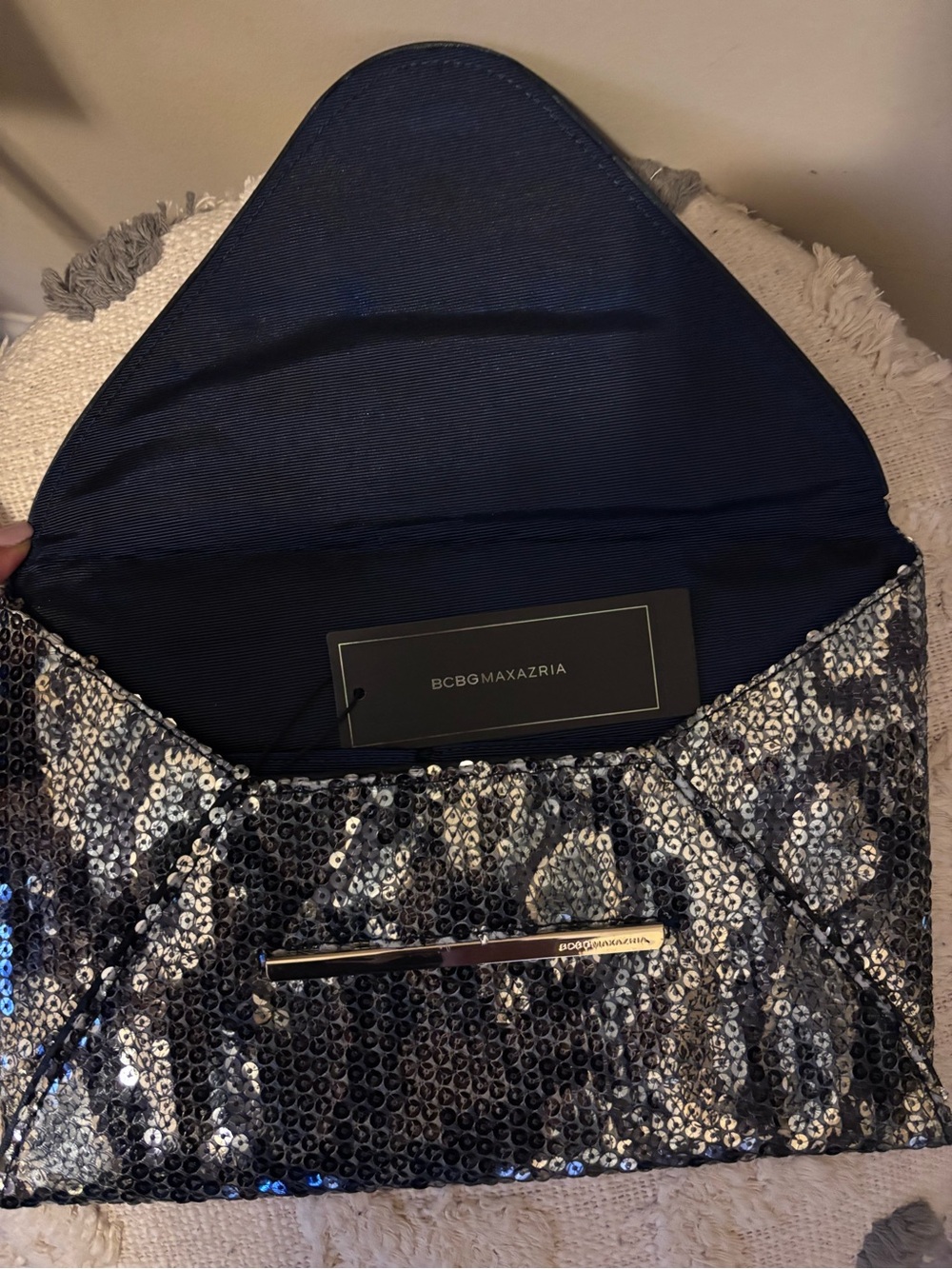 BCBGMaxAzria Navy and Silver Sequin Envelope Clutch with Logo Bar